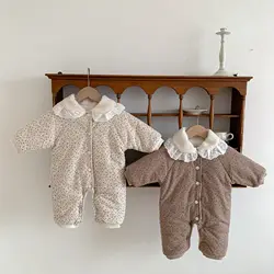 Mädchen süße Spitze Kragen einreihige Stram pler Baby Winter halten warm Retro Blumen Overall Baby Boy Mode Outfits