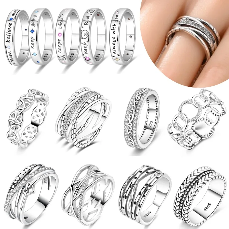 925 Silver Ring, Sparkling Multi-Layer Rope Pattern Wide Suitable for High-Quality Jewelry Women's Weddings
