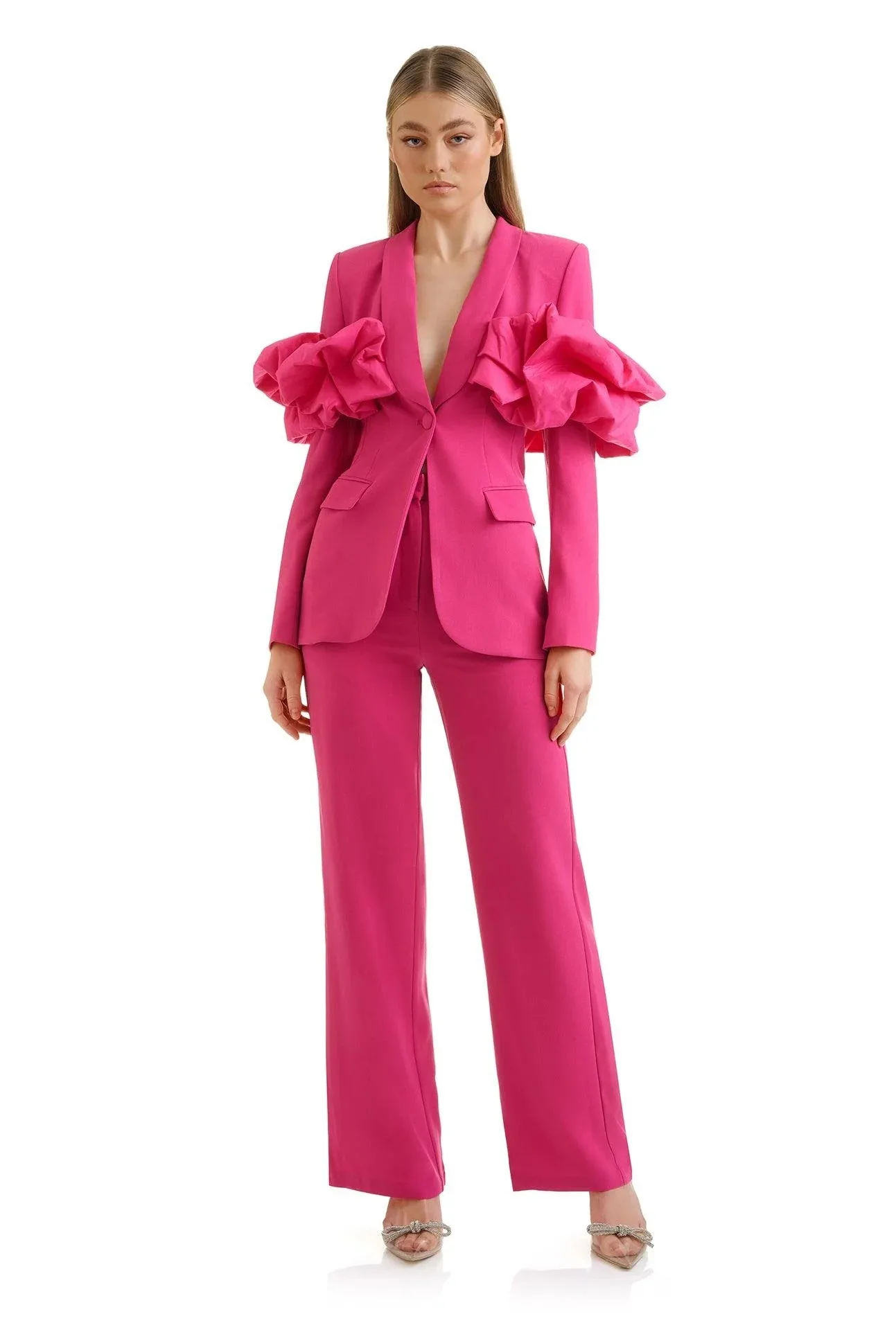 Vestidos de mujer, trajes elegantes con un botón, chaqueta con apliques y pantalones para mujer, traje de satén de 2 piezas personalizado W665