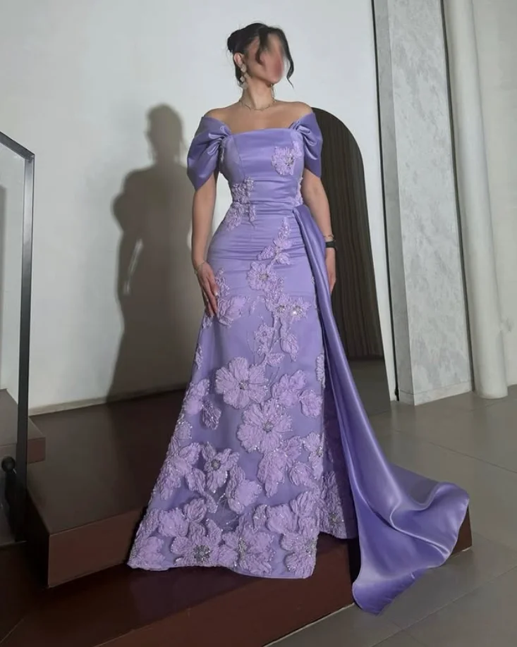 

Lilac Lavender Mermaid Evening Formal Dresses with Side Train Customsized Jersey Embroidery Applique Saudi Arabic Prom Gown