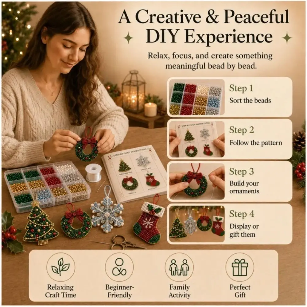 4-Piece Set Christmas Beaded Ornaments Kit Snowflake Design Christmas Themed Beading Craft Set Wreath Design Beginner Friendly