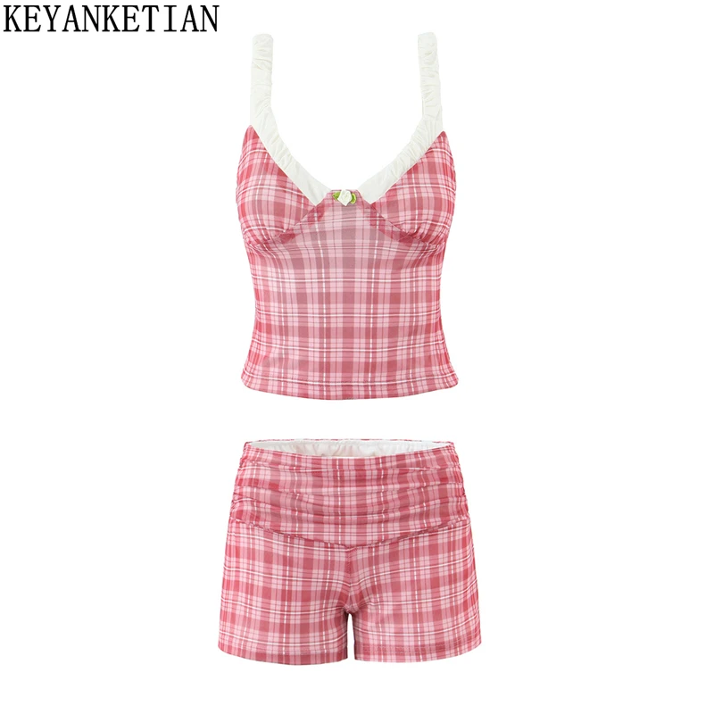 

KEYANKETIAN Summer New American Retro Y2K Applique Decoration Vest Zipper High Waist Shorts Women's Plaid Sheath Mesh Two-Piece