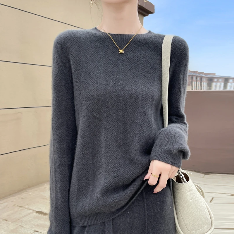 JGJFVHOK autumn and winter new women\'s sweater O-neck pullover autumn and winter 100% Merino wool hollow solid color sweater top