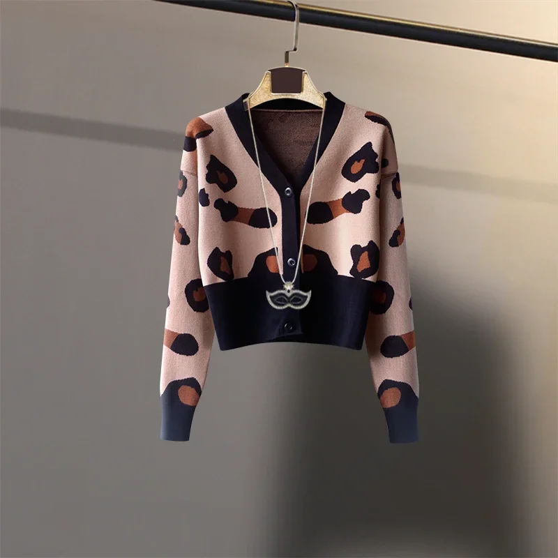 Korobov 2022 New Leopard Pattern Cardigans Women Vintage V Neck Long Sleeve OL Knitted Cardigan Autumn Korean Fashion Sweaters