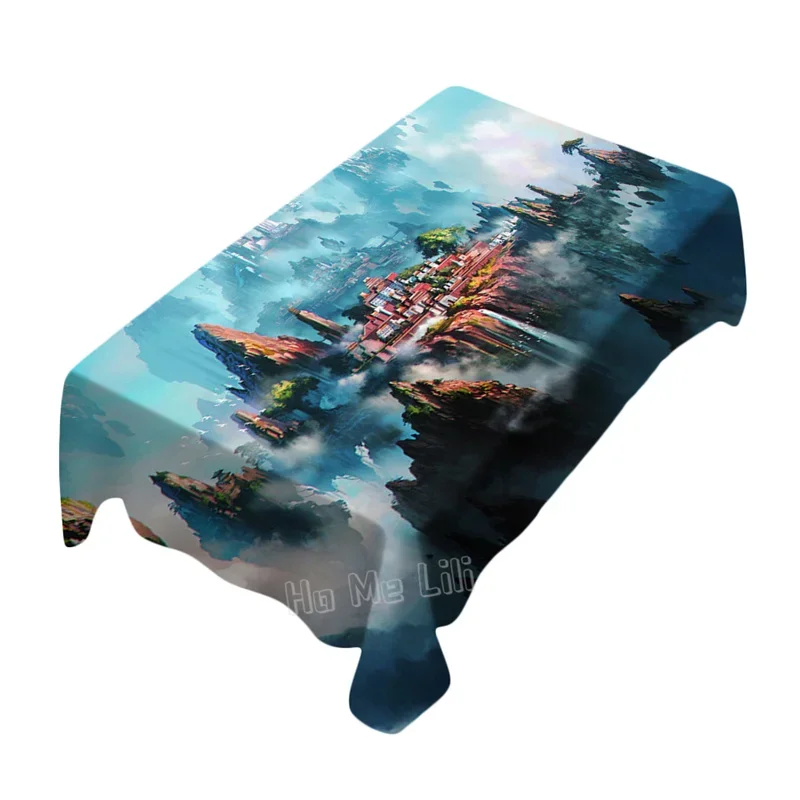 High Altitude Island Village Cloud Mist Crane Wonderland Blue Sky By Ho Me Lili Table Cloth Rectangle