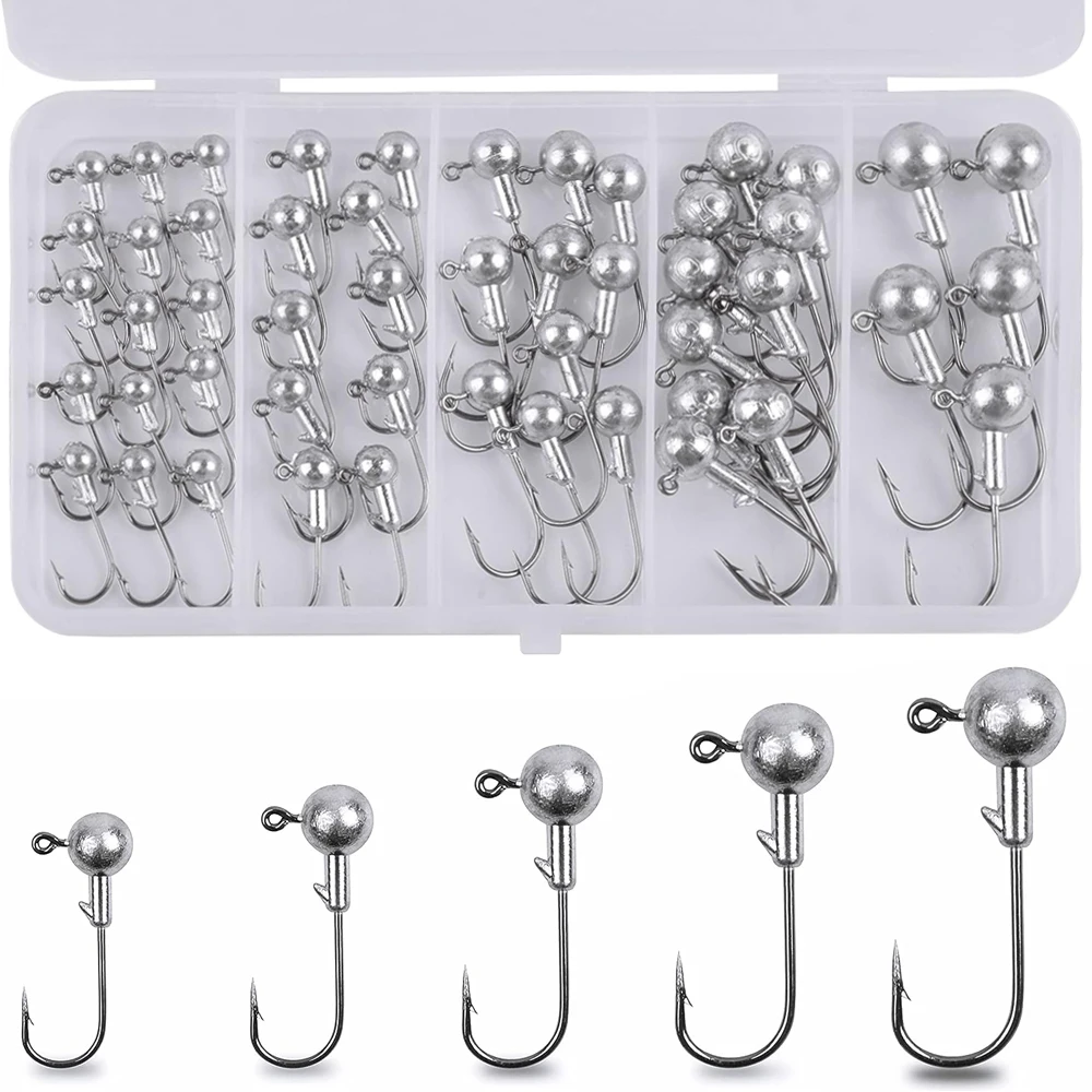 50Pcs/Box Fishing Jig Head Hooks Kit Round Crank Jig Head Hooks for Soft Worm Lures Bass Trout Freshwater Saltwater Fishing