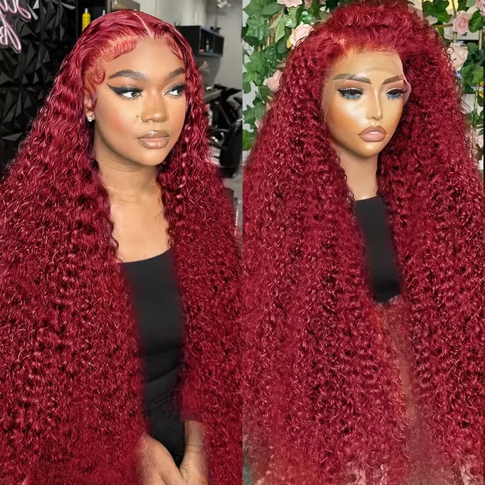 

46-дюймовый глубокий волнистый 99j Бордовый 13x6 HD Парик из натуральных волос на кружеве для женщин 200 Плотность Бразильские водные вьющиеся парики из человеческих волос