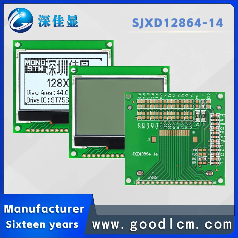 LCD Dot Matrix Display Module, 2.8 ", JXD12864-14 FSTN, ST7565 Driver positivo, suporta porta serial, porta serial, COG