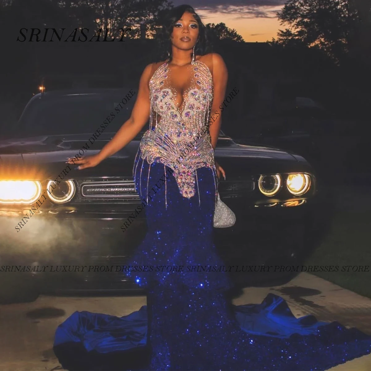 

Индивидуальные платья для выпускного вечера русалки со стразами и кисточками для чернокожих девушек, блестящее вечернее платье без рукавов с бриллиантами и кристаллами, расшитое бисером, халат