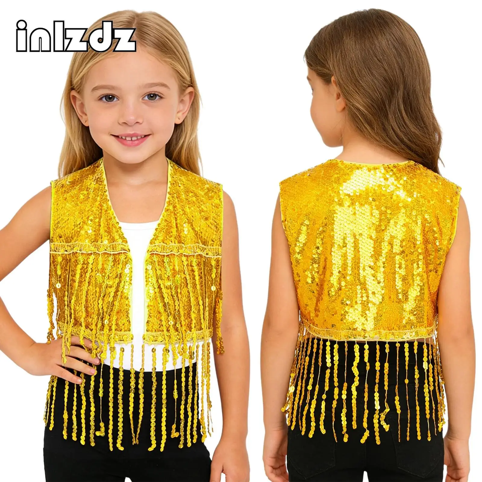 

Детский блестящий жилет с кисточками и блестками для девочек, укороченный топ без рукавов с открытой передней бахромой, жилет для джазовых латинских танцев, ча-ча