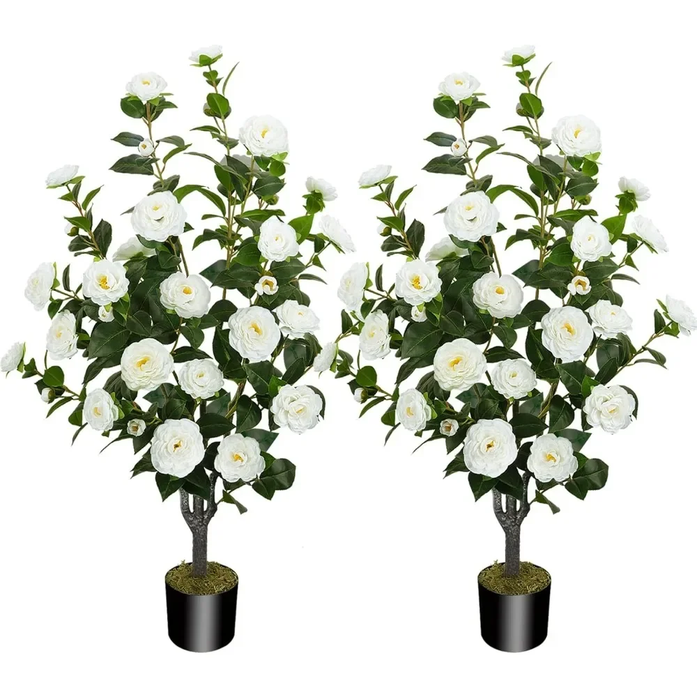 Artificial Camellia Tree Fake Outdoor Tree with 32 Blooming Flowers White Tree for Summer Spring Home Front Door Indoor Decor