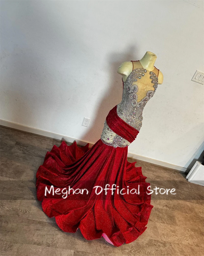 Red O Neck Long Prom Dresses For Black Girls Bead Crystal Rhinestone 2025 Birthday Luxury Dress Pleat Graduation Gown Customized image 2