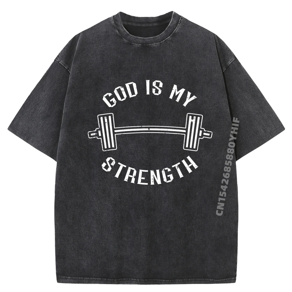 

Gym God Is My Strength Christian Workout Fitness Women Men Funny T Shirts Men Graphic Tshirts Casual Washed Tops
