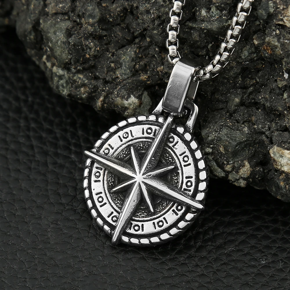 Vintage Viking Compass Pendant Necklaces For Men Punk Hip Hop 316L Stainless Steel Biker Cross Necklace Nordic Jewelry Gifts
