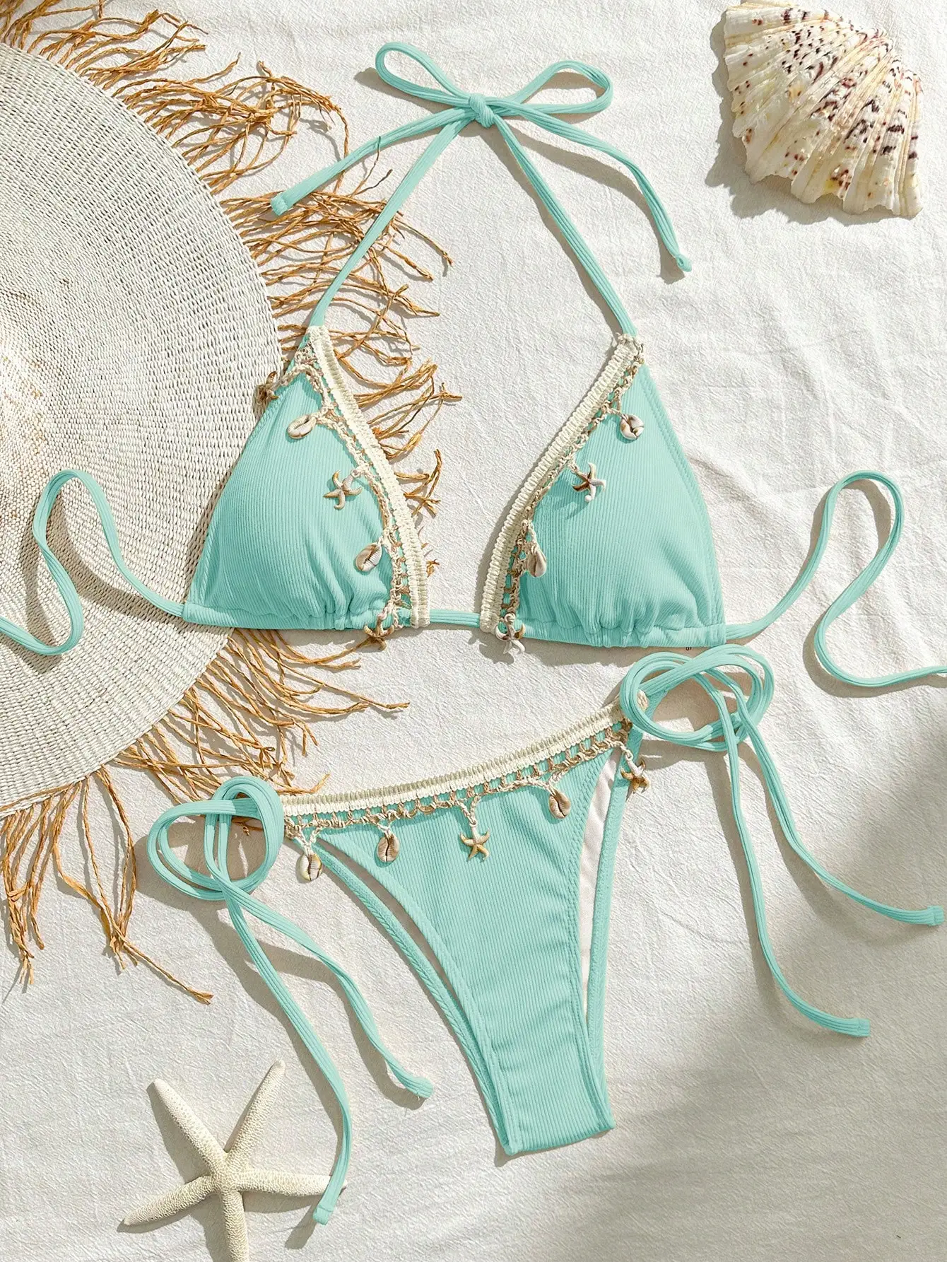 

Women Solid Color Ribbed Triangle Tie Bikini Set With Shell And Starfish Decor