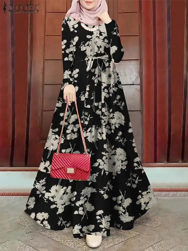 ZANZEA Wiosenna sukienka muzułmańska z kwiatowym nadrukiem z długim rękawem Ramadan Turcja Vestidos Vintage Holiday Maxi Robe Kaftan Islamska abaja