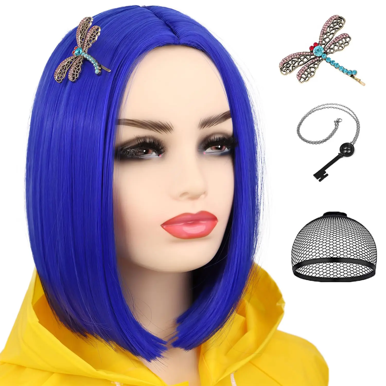 Synthetic Blue Bob Cosplay Wig for Women Short Straight Wig with Key Necklace and Dragonfly Hairclip Halloween Costume Wig Adult