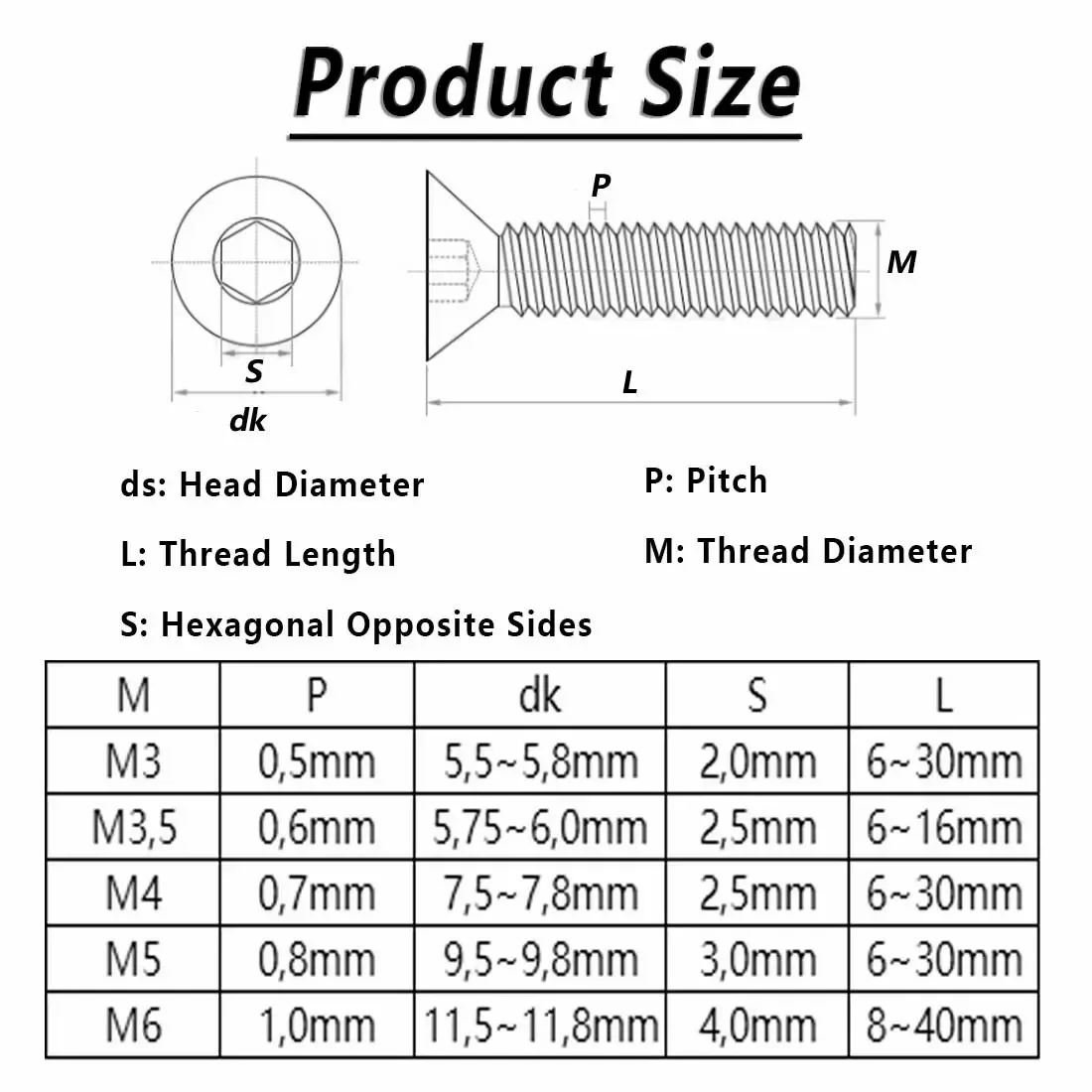 Yiqianyuan 10Pcs~100pcs M3 M4 M5 Aluminum Alloy 6061 Hex Socket Countersunk Flat Head Screws Length 6 mm To 30 mm
