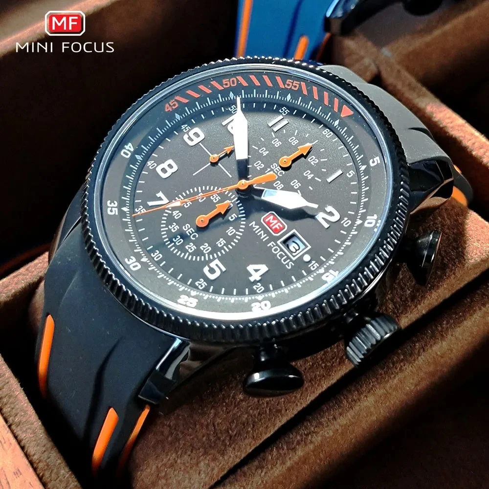 MINI FOCUS Military Sport Quartz Watch for Men Silicone Strap Chronograph Luminous Hands Wristwatches with Date Waterproof 0379