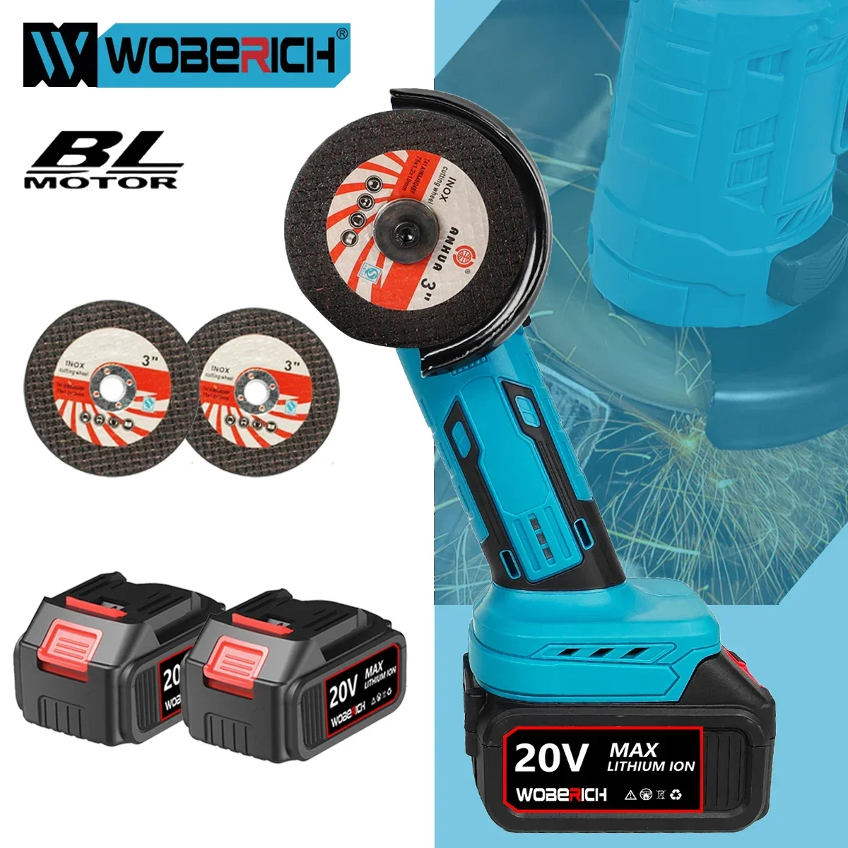 

WOBERICH Brushless 3 Inch Electric Angle Grinder Polishing Machine Mini Cutting Machine For 18V Makita Battery