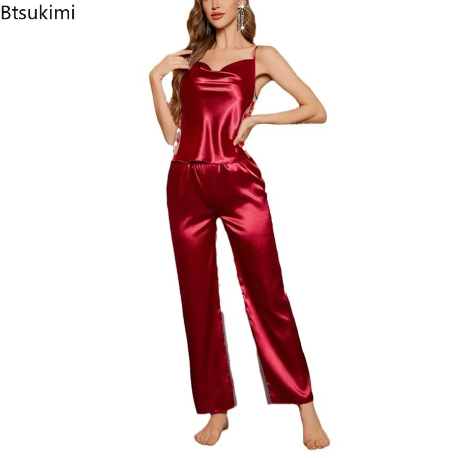 Pyjama de luxe en soie pour femmes, ensemble de sommeil en Satin, élégant, deux pièces, pantalon Camisole, vêtements de nuit, nouvelle collection été 2025