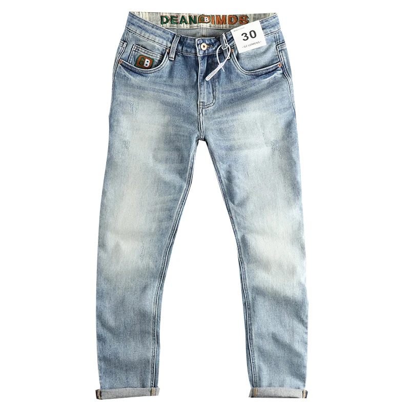 New wash light blue ground white jeans men\'s spring American fashion brand small straight leg retro casual youth pants