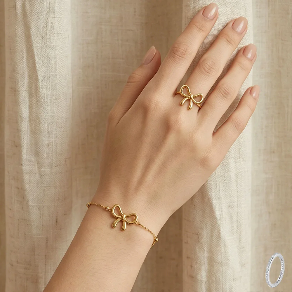 Minimalist Gold Color Bowknot Jewelry Set Women Stainless Steel Cute Bow Earrings Bracelet Ring Set Trendy 2026 Fashion Jewelry