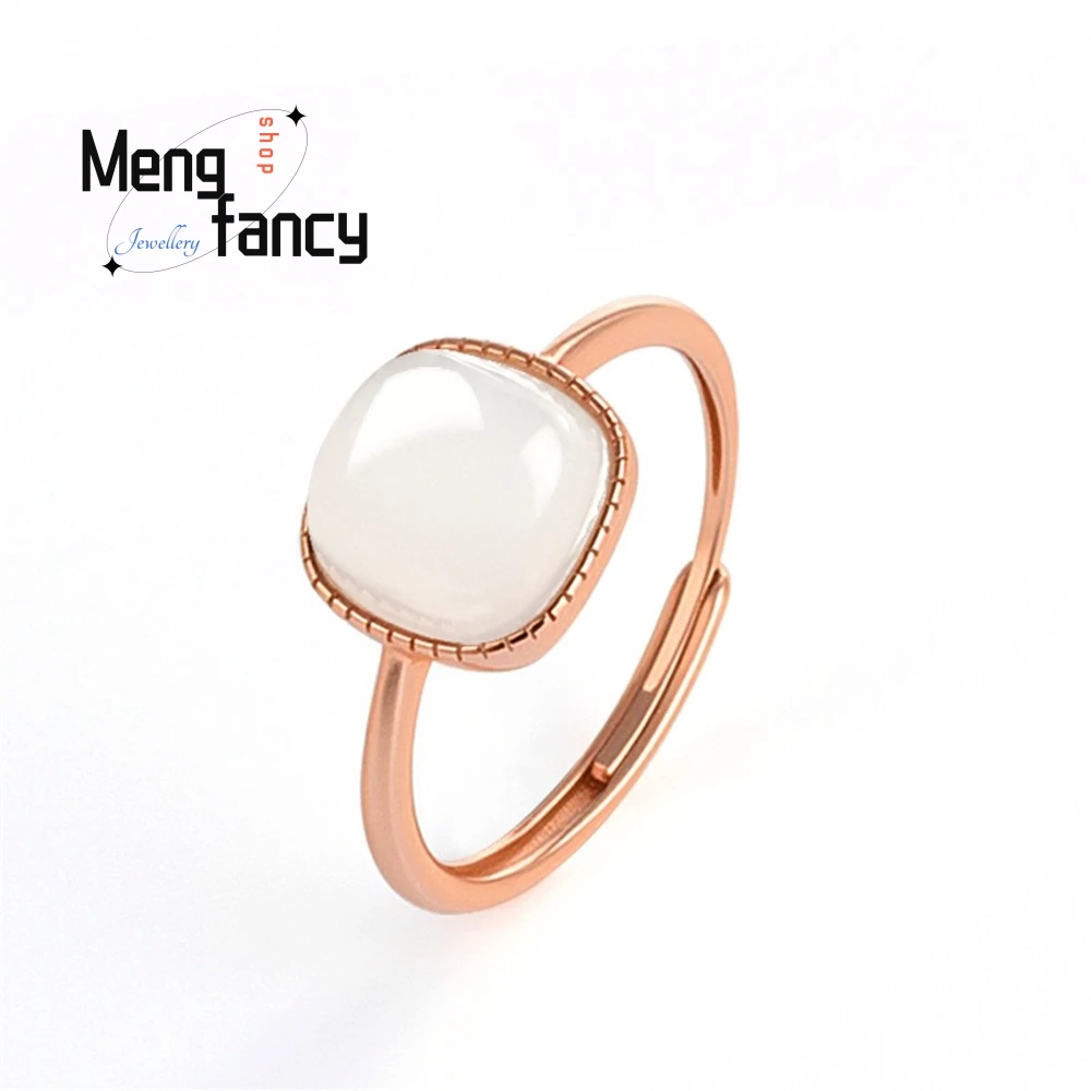 

Natural Hetian Jade White Jade Egg Face Jade Ring S925 Silver Rose Gold Plated Women's Ring Fashion Adjustable Fashion Jewelry