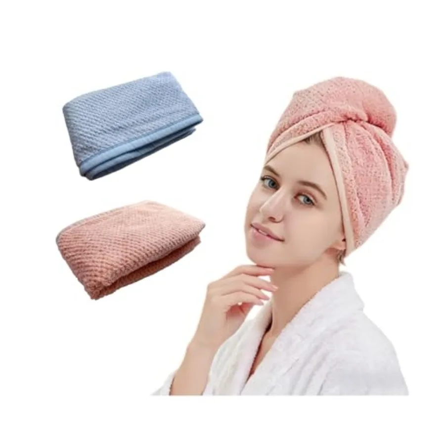 

2 Pack Microfiber Hair Towel Wrap for Women, Super Absorbent Hair Drying Towel- Quick Dry, Turban for All Hair Style Pink andBl
