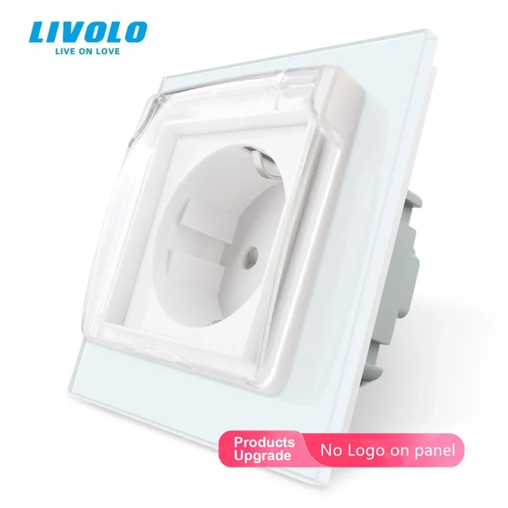 Livolo EU Standard Wall Socket, Waterproof Power Outlet With 2 Pins ,Glass Panel, AC110~250V 16A Wall Plug With Waterproof Cover