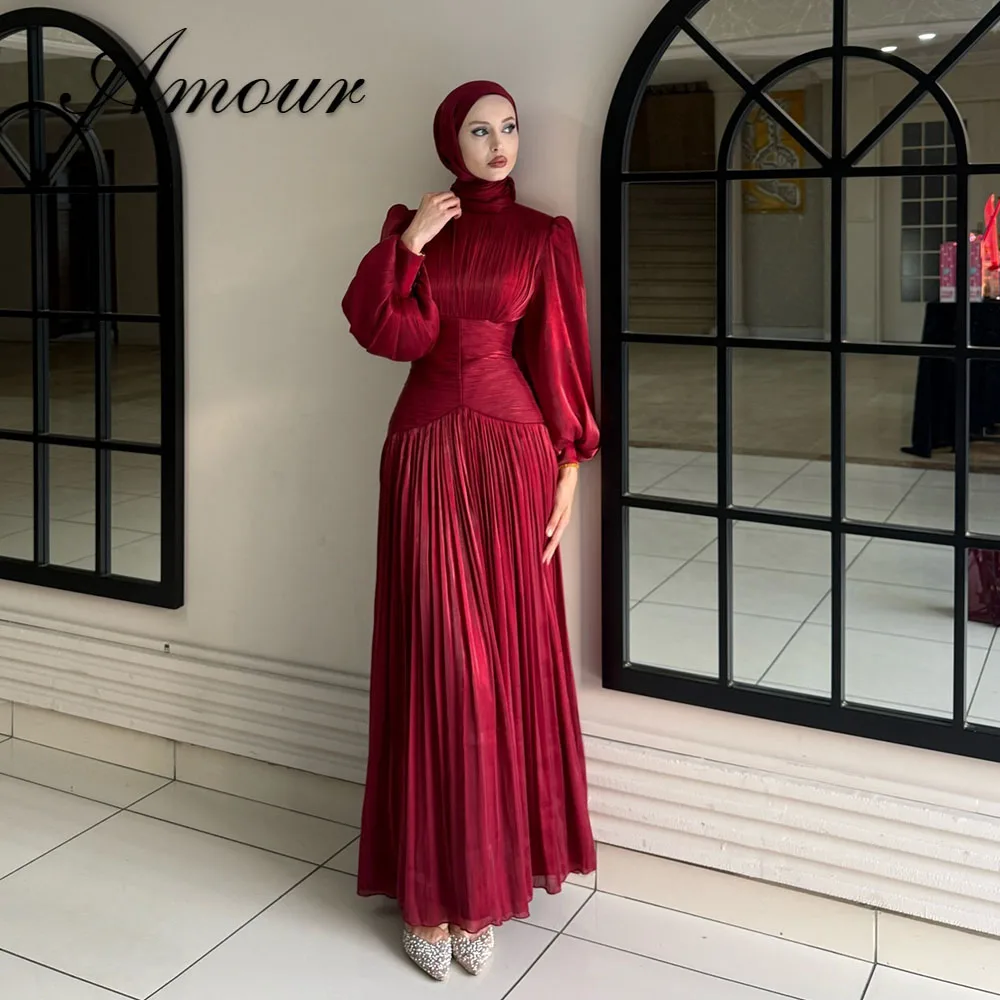 Amour Maßgeschneiderte muslimische A-Linien-Abendkleider, plissiert, knöchellang, lange Ärmel mit Hijab, formelles Partykleid, Vestidos de Fiesta