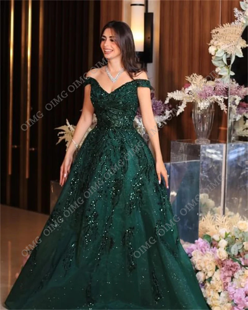 OIMG Queen Green Off spalla abiti da festa formali paillettes lucide abiti da sera lunghi Dubai Night Club Dress Robe de soiree