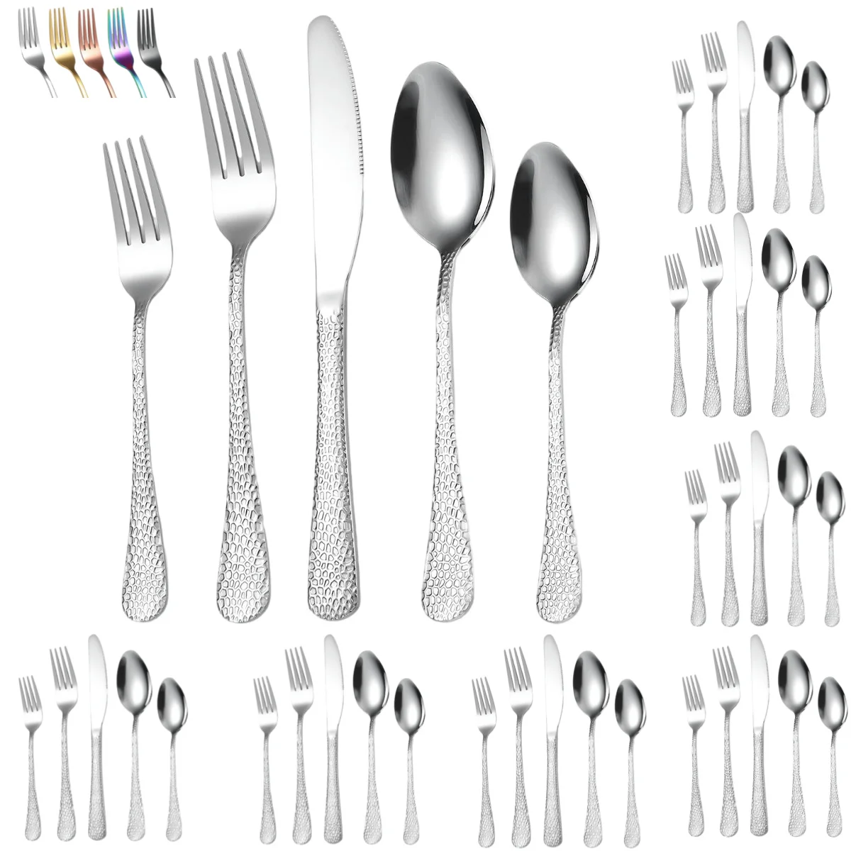 A · HOUSEWARE Hammered Silverware Set for 8 Wide Round Handle 40 Piece Stainless Steel Flatware Fork Spoon Knives Perfect for Pa