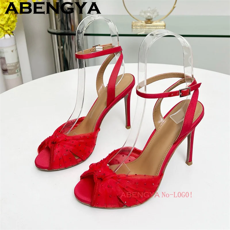 アンクルバックルオープントゥ薄型ハイヒールサンダル女性のセクシーなレースのグラディエーターサンダル 2025 夏光沢のあるクリスタルドレスパーティーシューズ Mujer