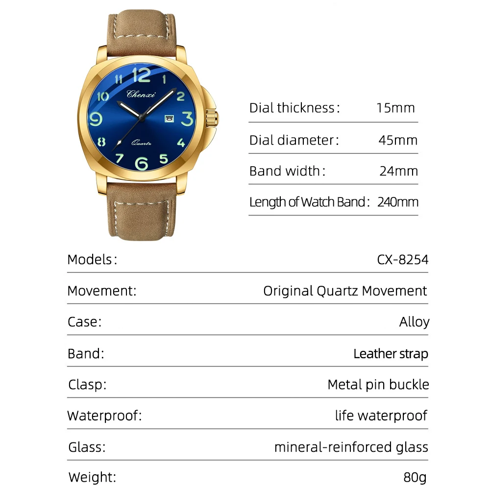 CHENXI الفاخرة العلامة التجارية الأعلى ساعة كوارتز رجالية جلد طبيعي مقاوم للماء مضيئة التقويم عالية الجودة الأعمال ساعة اليد عادية