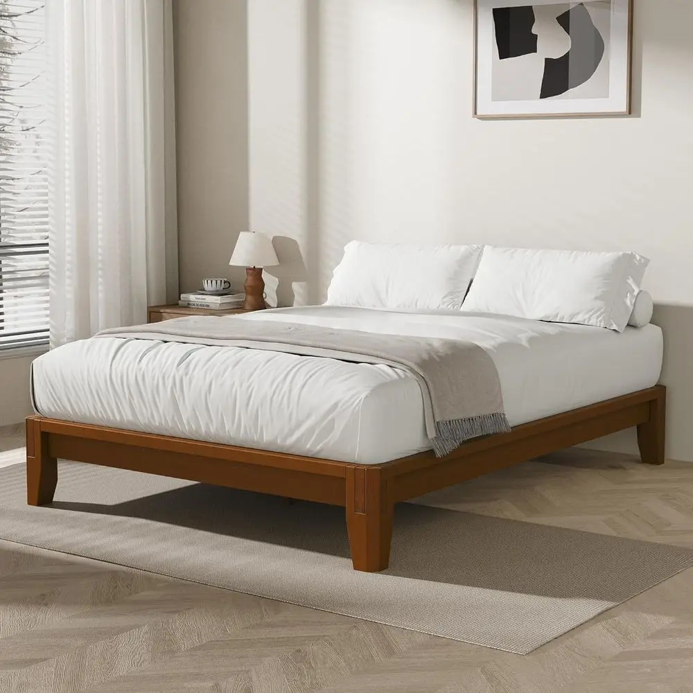 

Solid Wood Queen Bamboo Platform Bed with Japanese Joinery, Quick-Setup, Floating Center Legs, Sturdy Wood Slats in Walnut