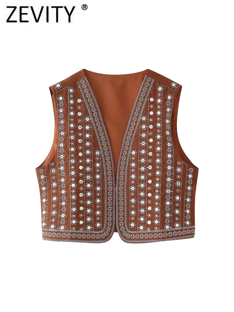 Zevity 2024 Women National Style Sequined Embroidery Open Stitch Short Vest Jacket Ladies Retro Cardigan WaistCoat Tops CT7150