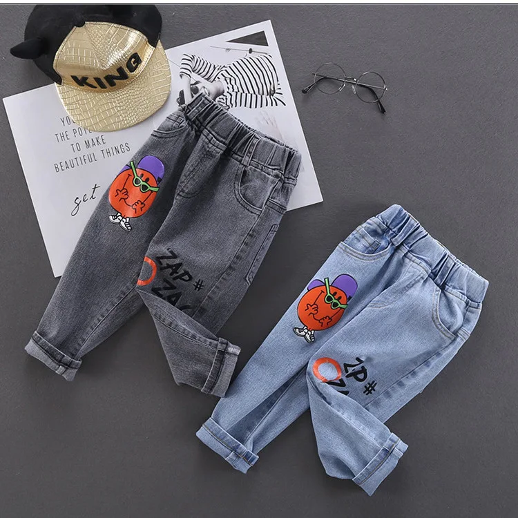 Baby Boys Denim Pants Spring Autumn New Elastic Waist Cartoon Pumpkin Letter Print Children Boys Trousers Cotton Kid Boys Pants