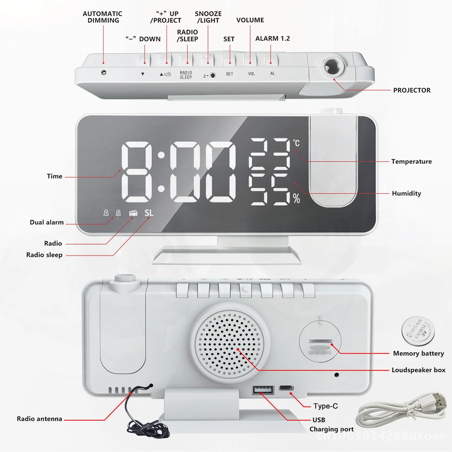 Luminous Digital Projection Alarm Clock Full-Featured Silent Large Clock Screen Multi-Functional Table Electronic