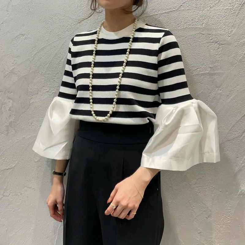 OCEANLOVE Flare Sleeve Spring Autumn Sweaters Women Tops Stripes Vintage Japanese Style Pull Femme Loose Fashion Pullovers