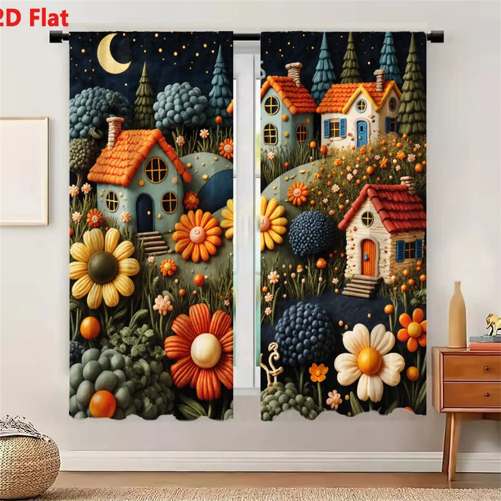 2Pcs Curtains 2D Flat Whimsical Nighttime Clay - Like 3D - Modeled Scene With Dark Blue Sky Yellow Stars Crescent Moon Evergreen