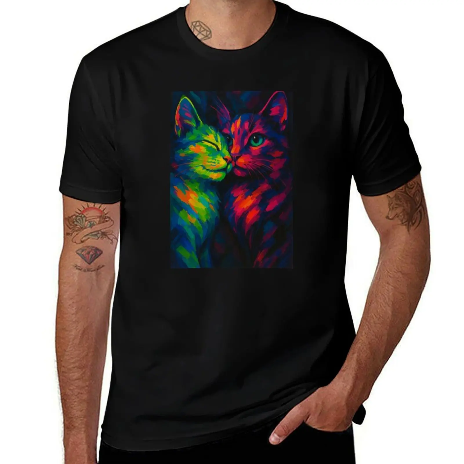 

Neon Love Cats – футболка с ярким психоделическим рисунком Feline Art, большая винтажная футболка с рисунком, бутиковая одежда на день Святого Валентина, мужская одежда