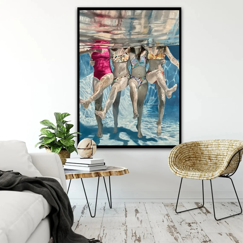 Bikini Girls Kick Line Canvas Painting Wall Decor Large Figure Poster Underwater Pretty Women Picture for Home Decoration