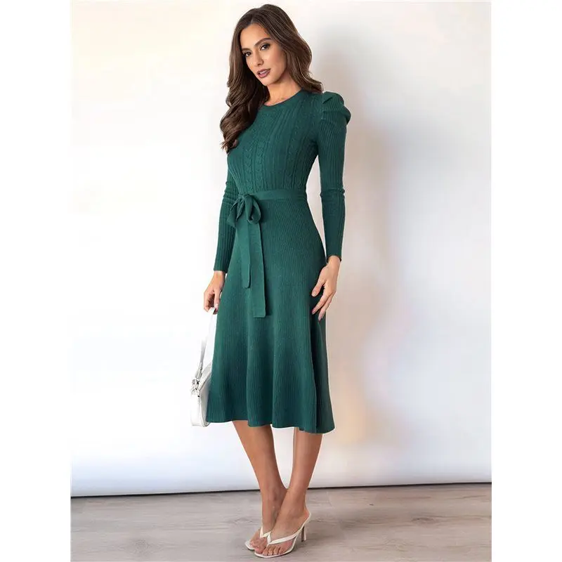 TEXU Vestido tipo suéter de otoño de punto acanalado, informal, ajustado, de manga larga, con cuello redondo y lazo en la cintura