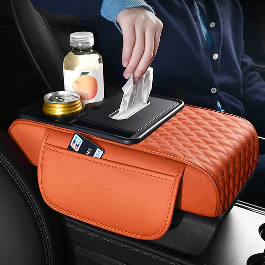 

High-end Car Center Console Armrest Cushion ,With Tissue Box 2 Cup Holder PU Leather Armrest Box Pad Portable Car Amrest Pillow