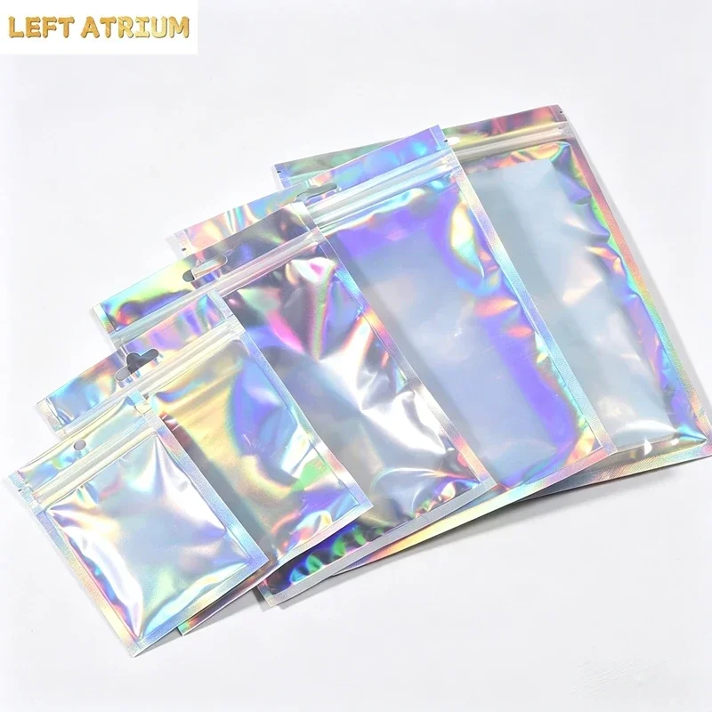 300Pcs Holographic Zip lock Bags Iridescent Rainbow Resealable Plastic Pouch For Jewelry Badge Small Gifts Packaging Storage