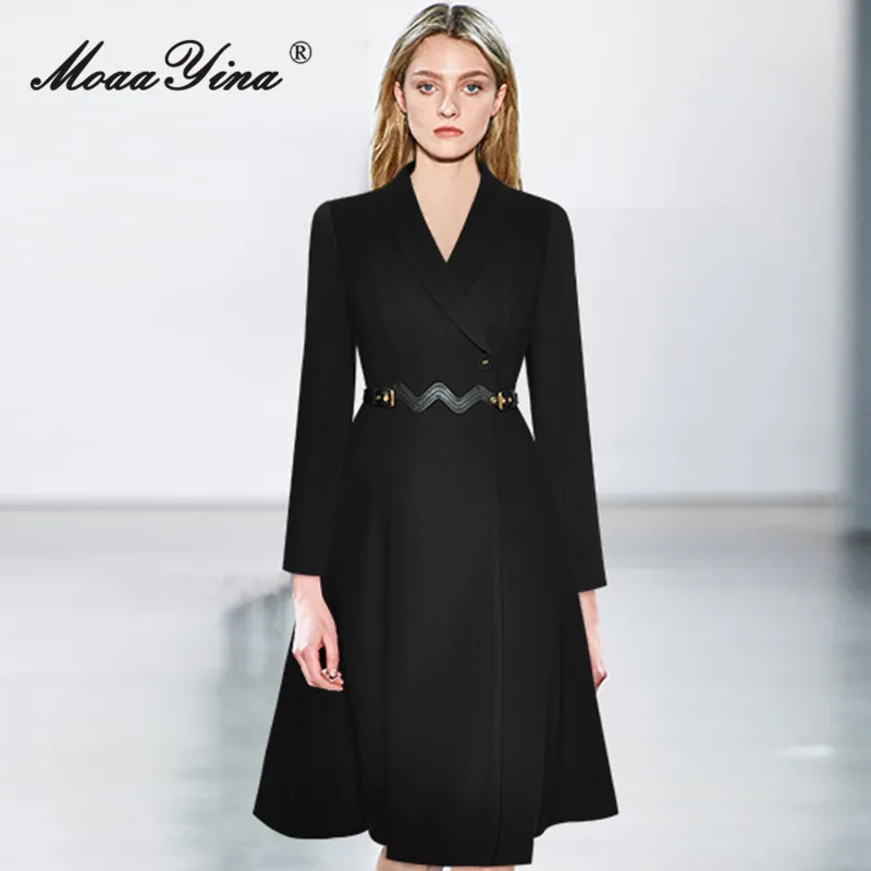 Moaayina Winter mode Landebahn schwarz Vintage Trenchcoat Frauen Revers Einzel knopf Schärpen hohe Taille Schlitz schlank langen Trenchcoat