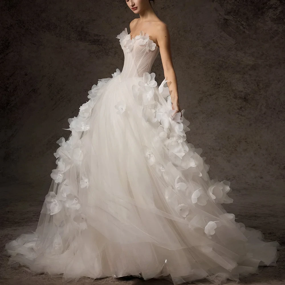 Romantic Garden Vestido De Novia Strapless 3D Petal Tulle Lace Up Back Customized Wedding Dresses for Women 2026