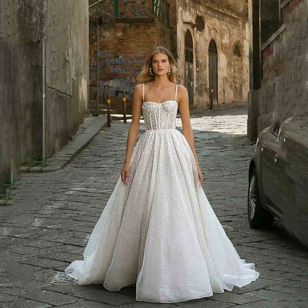 

Captivating Sparkly Sequins Pleated Wedding Dress for Women Spaghetti Straps A-line Court Wedding Party Gown vestido novias boda