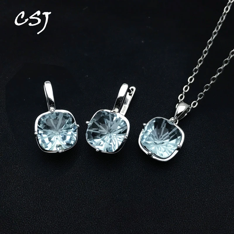 CSJ Sky Topaz Jewelry Sets srebro 925 akwamaryn fajerwerki Cut 10mm dla kobiet Christmas Party ręcznie robiona biżuteria prezent